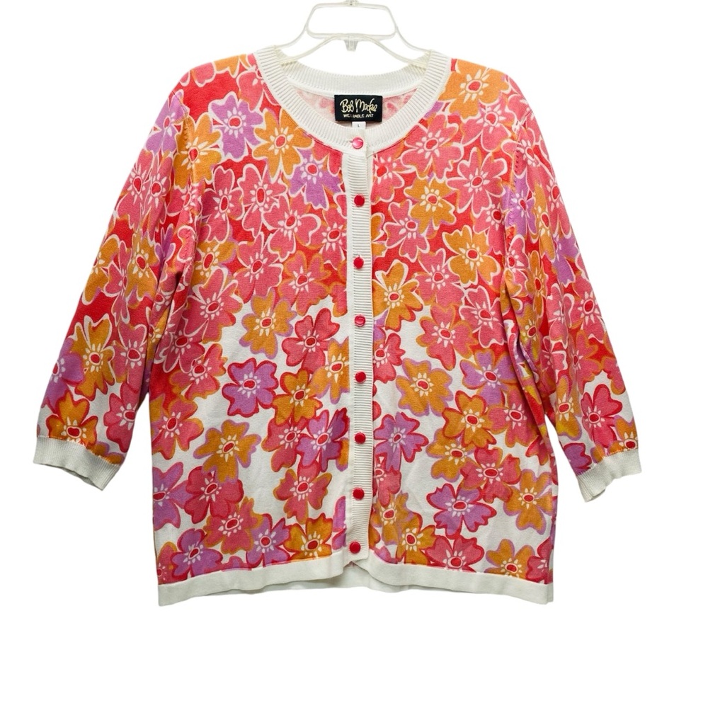 Bob Mackie Wearable Art Large Floral Cardigan 3/4 Sleeve Button Front Groovy Top